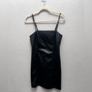 Stitch and Pine Faux Leather Mini Dress Black Size M Square Neck Spaghetti Strap